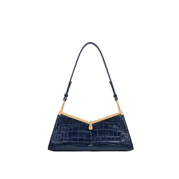 JW PEI Nerina V-Frame Shoulder Bag in Dark Blue Croc | Shoulder & Crossbody Bags | Coveti