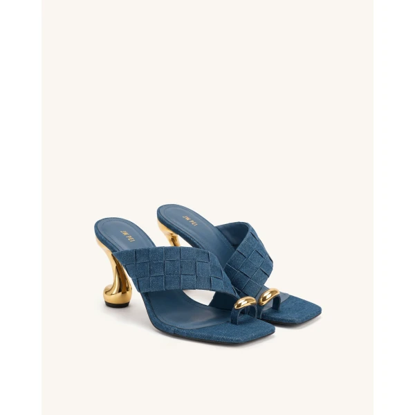 JW PEI Noemi Square-Toe Woven Hardware Mules in Denim Blue | Mules | Coveti