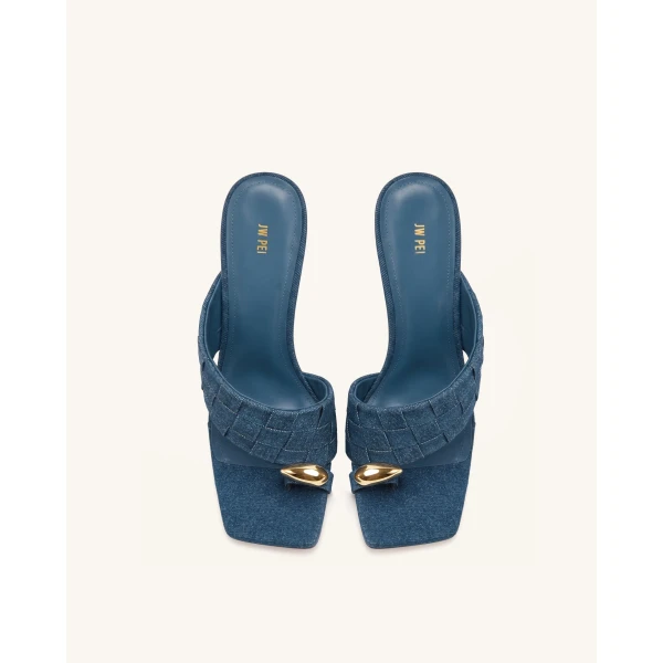 JW PEI Noemi Square-Toe Woven Hardware Mules in Denim Blue | Mules | Coveti