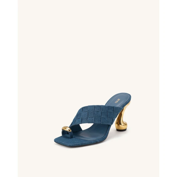 JW PEI Noemi Square-Toe Woven Hardware Mules in Denim Blue | Mules | Coveti