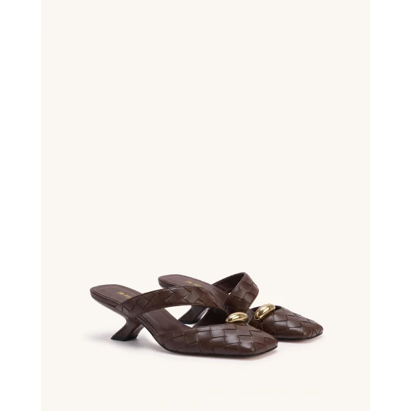 JW PEI Noemi Woven Hardware Closed-Toe Mules in Dark Brown | Mules | Coveti