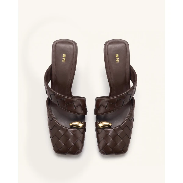 JW PEI Noemi Woven Hardware Closed-Toe Mules in Dark Brown | Mules | Coveti