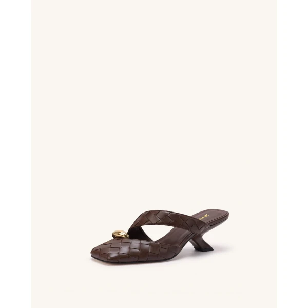JW PEI Noemi Woven Hardware Closed-Toe Mules in Dark Brown | Mules | Coveti