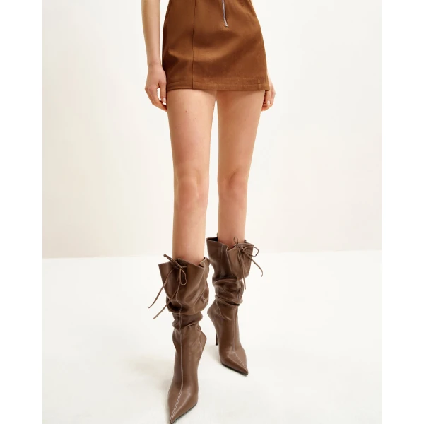 JW PEI Olivia Vegan Leather High Heel Boots in Brown | Boots | Coveti