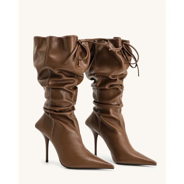 JW PEI Olivia Vegan Leather High Heel Boots in Brown | Boots | Coveti