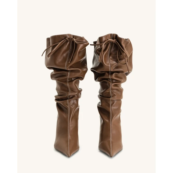 JW PEI Olivia Vegan Leather High Heel Boots in Brown | Boots | Coveti