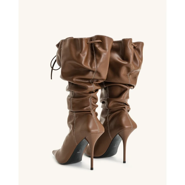 JW PEI Olivia Vegan Leather High Heel Boots in Brown | Boots | Coveti