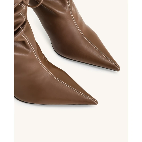 JW PEI Olivia Vegan Leather High Heel Boots in Brown | Boots | Coveti