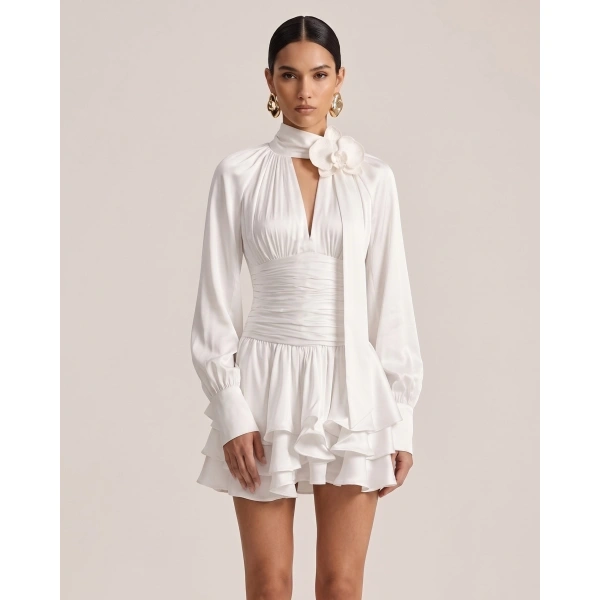 JW PEI Orchid Embellished Keyhole Long-Sleeve Mini Dress in Cream | Mini Dresses | Coveti