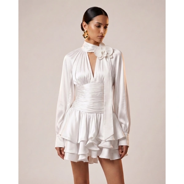 JW PEI Orchid Embellished Keyhole Long-Sleeve Mini Dress in Cream | Mini Dresses | Coveti
