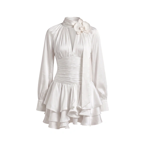 Orchid Embellished Keyhole Long-Sleeve Mini Dress in Cream