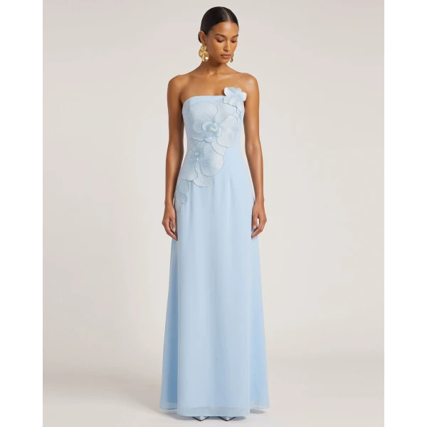 JW PEI Orchid Embroidered Strapless A-Line Maxi Dress in Light Blue | Maxi Dresses | Coveti