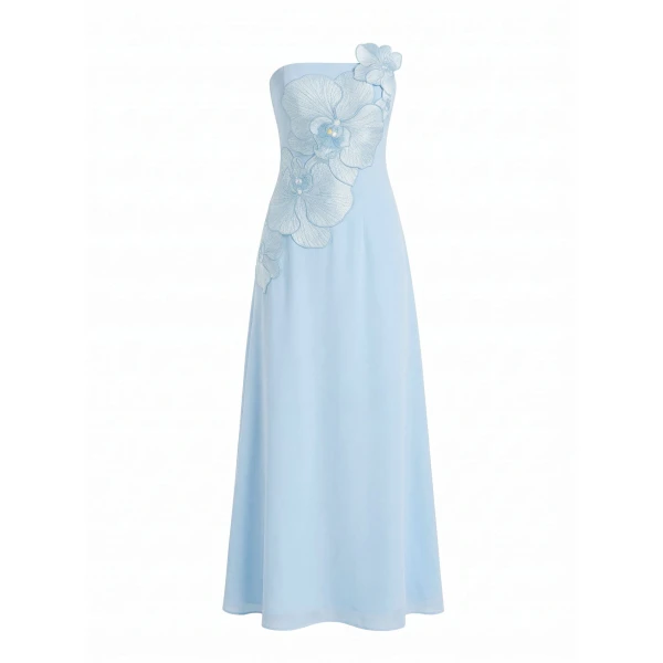 Orchid Embroidered Strapless A-Line Maxi Dress in Light Blue