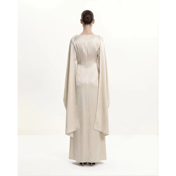 JW PEI Pearl-Trimmed Cape Sleeve Boat Neck Maxi Gown in Cream | Evening Gowns | Coveti