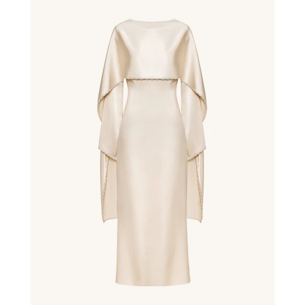 JW PEI Pearl-Trimmed Cape Sleeve Boat Neck Maxi Gown in Cream | Evening Gowns | Coveti