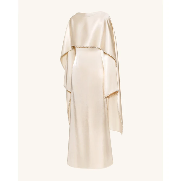 JW PEI Pearl-Trimmed Cape Sleeve Boat Neck Maxi Gown in Cream | Evening Gowns | Coveti
