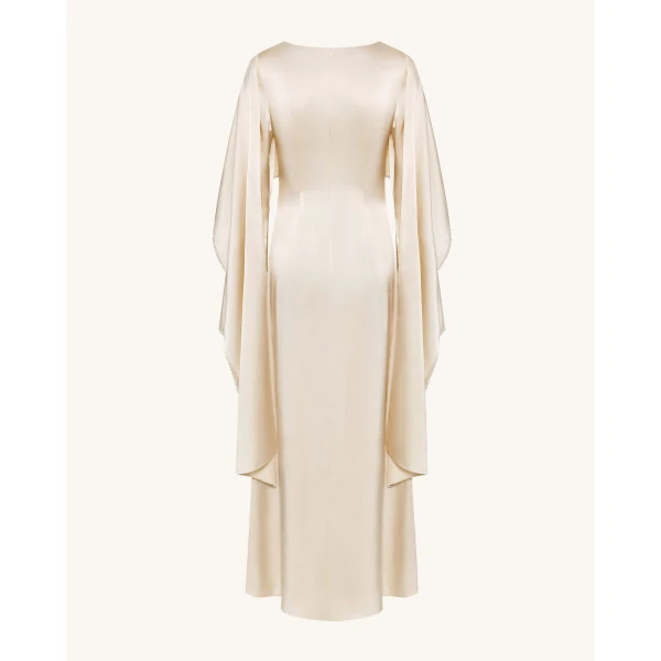 JW PEI Pearl-Trimmed Cape Sleeve Boat Neck Maxi Gown in Cream | Evening Gowns | Coveti