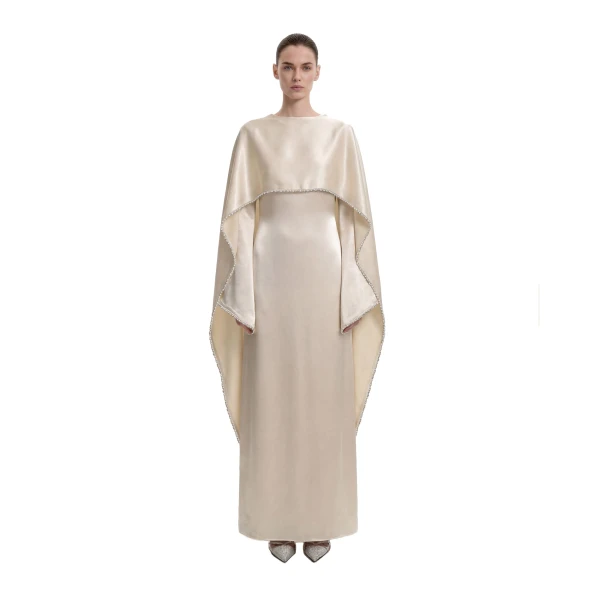 JW PEI Pearl-Trimmed Cape Sleeve Boat Neck Maxi Gown in Cream | Evening Gowns | Coveti