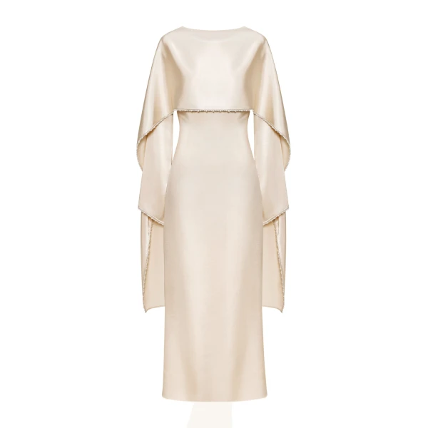 JW PEI Pearl-Trimmed Cape Sleeve Boat Neck Maxi Gown in Cream | Evening Gowns | Coveti
