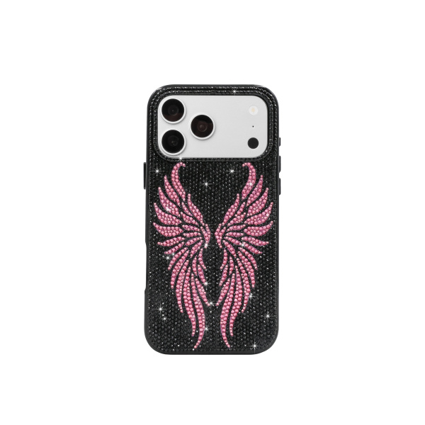 Pink Rhinestone Angel Wings Phone Case in Black