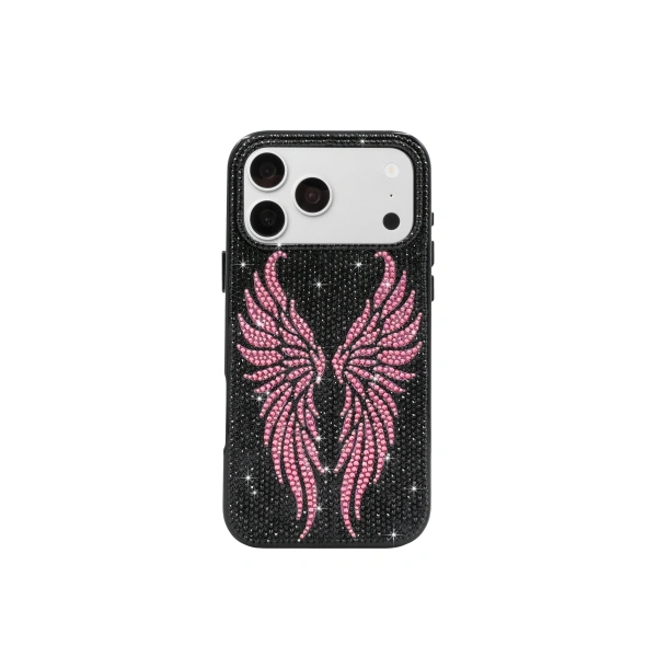 Pink Rhinestone Angel Wings Phone Case in Black