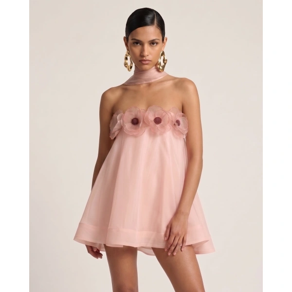JW PEI Poppy Embroidered Draped Halter Mini Dress in Blush Pink | Mini Dresses | Coveti