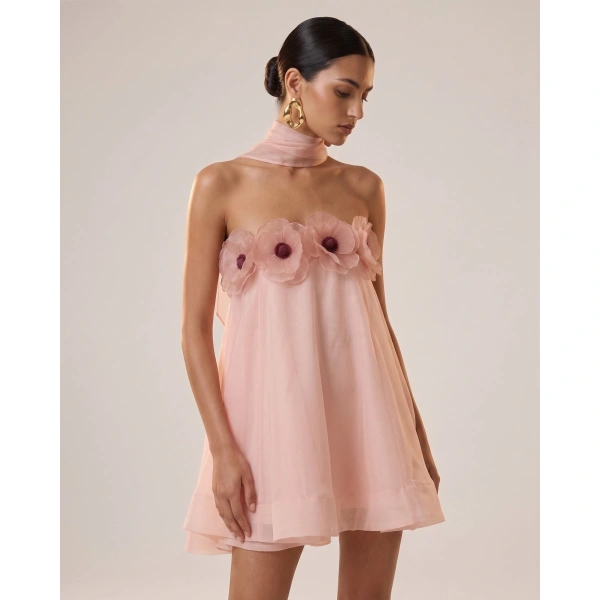 JW PEI Poppy Embroidered Draped Halter Mini Dress in Blush Pink | Mini Dresses | Coveti