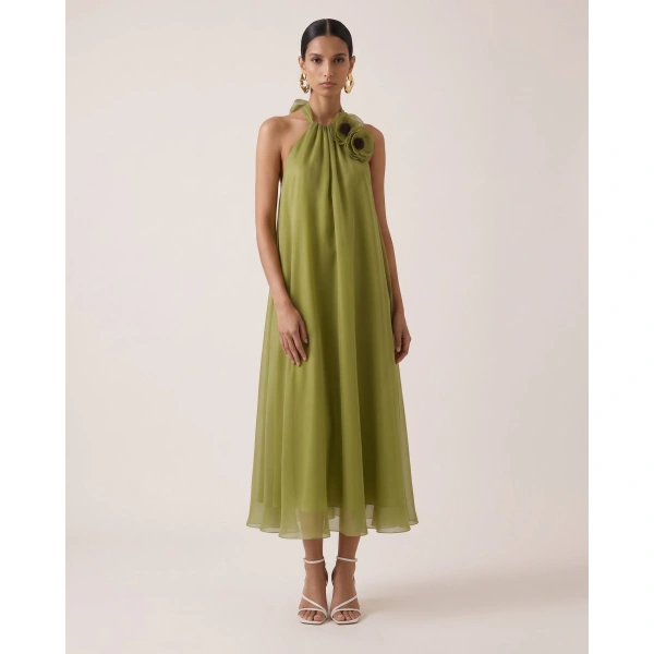 JW PEI Poppy Embroidered Halter Neck Detail A-Line Midi Dress in Olive Green | Midi Dresses | Coveti