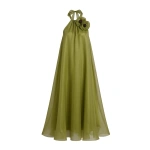 JW PEI Poppy Embroidered Halter Neck Detail A-Line Midi Dress in Olive Green | Midi Dresses | Coveti