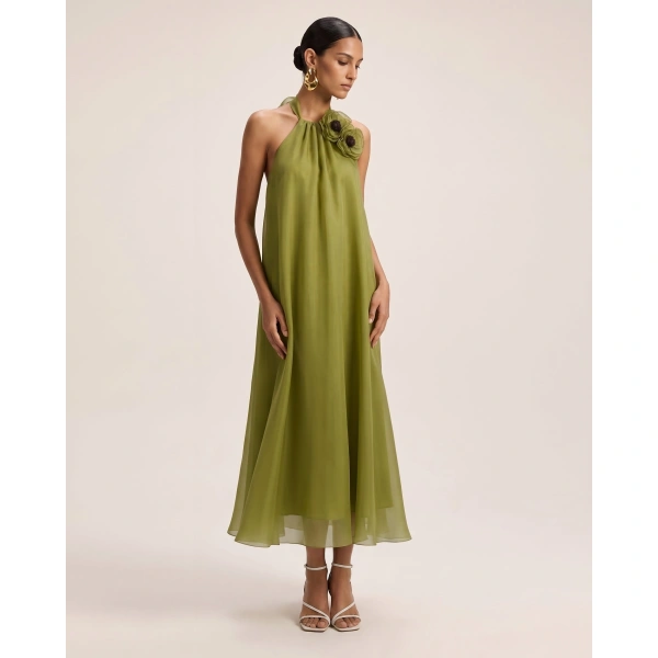 JW PEI Poppy Embroidered Halter Neck Detail A-Line Midi Dress in Olive Green | Midi Dresses | Coveti