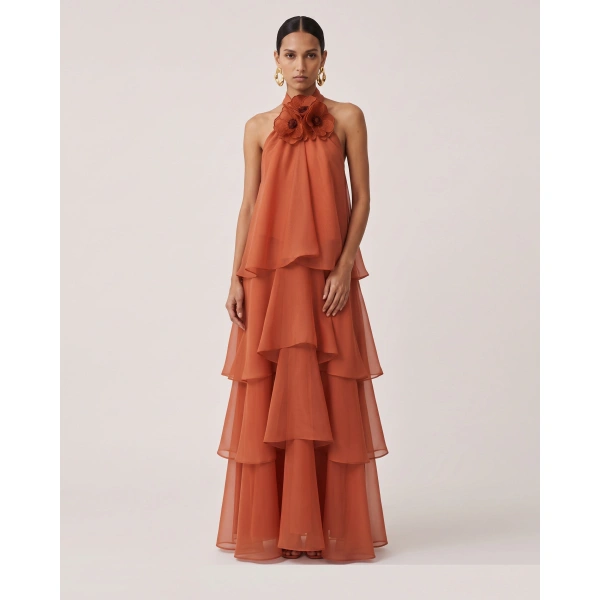 JW PEI Poppy Embroidered Halter Tiered Ruffle Maxi Dress in Burnt Orange | Maxi Dresses | Coveti