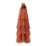JW PEI Poppy Embroidered Halter Tiered Ruffle Maxi Dress in Burnt Orange | Maxi Dresses | Coveti