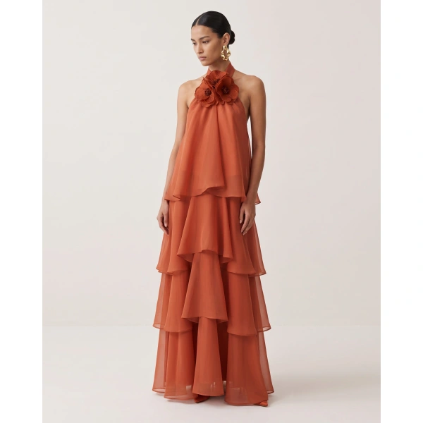 JW PEI Poppy Embroidered Halter Tiered Ruffle Maxi Dress in Burnt Orange | Maxi Dresses | Coveti