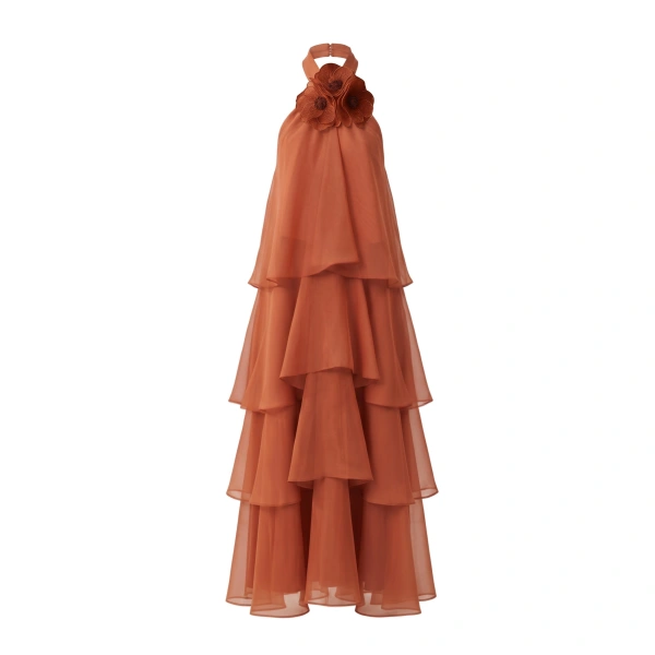 Poppy Embroidered Halter Tiered Ruffle Maxi Dress in Burnt Orange