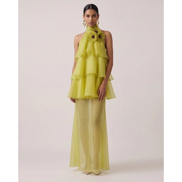 JW PEI Poppy Embroidered Halter Tiered Ruffle Maxi Dress in Lime Green | Maxi Dresses | Coveti