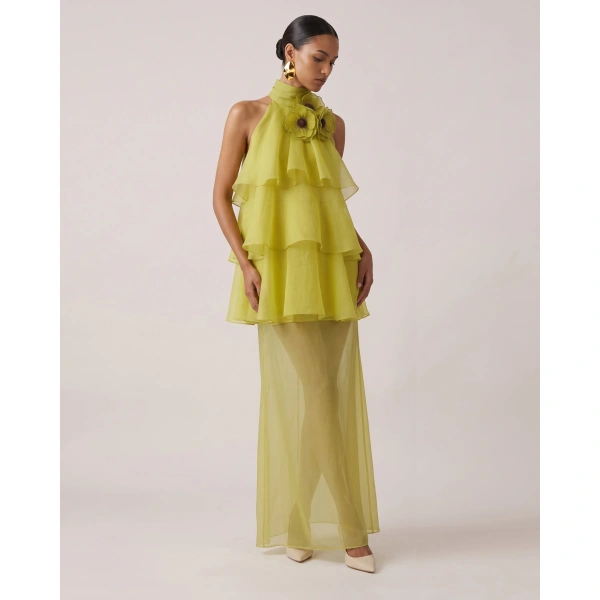 JW PEI Poppy Embroidered Halter Tiered Ruffle Maxi Dress in Lime Green | Maxi Dresses | Coveti