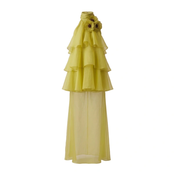 Poppy Embroidered Halter Tiered Ruffle Maxi Dress in Lime Green