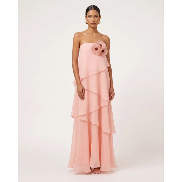 JW PEI Poppy Embroidered Strapless Asymmetric Ruffle Maxi Dress in Blush Pink | Maxi Dresses | Coveti