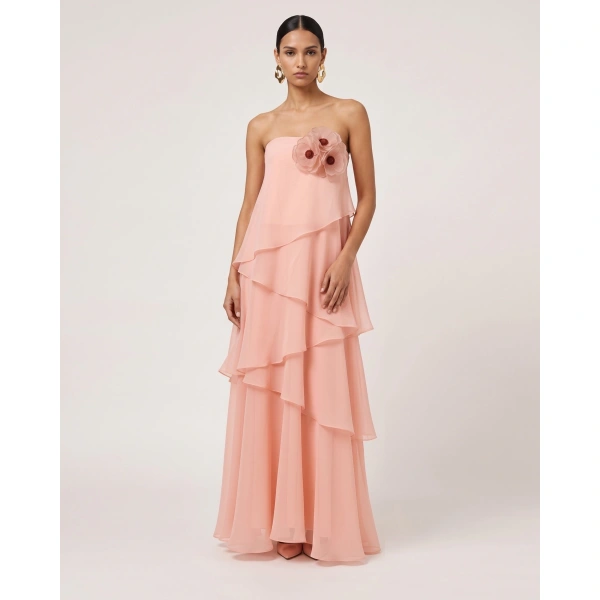 JW PEI Poppy Embroidered Strapless Asymmetric Ruffle Maxi Dress in Blush Pink | Maxi Dresses | Coveti