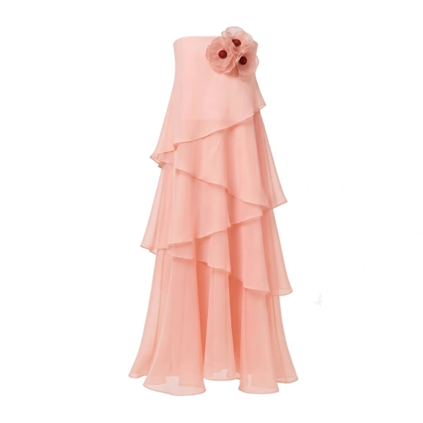 Poppy Embroidered Strapless Asymmetric Ruffle Maxi Dress in Blush Pink