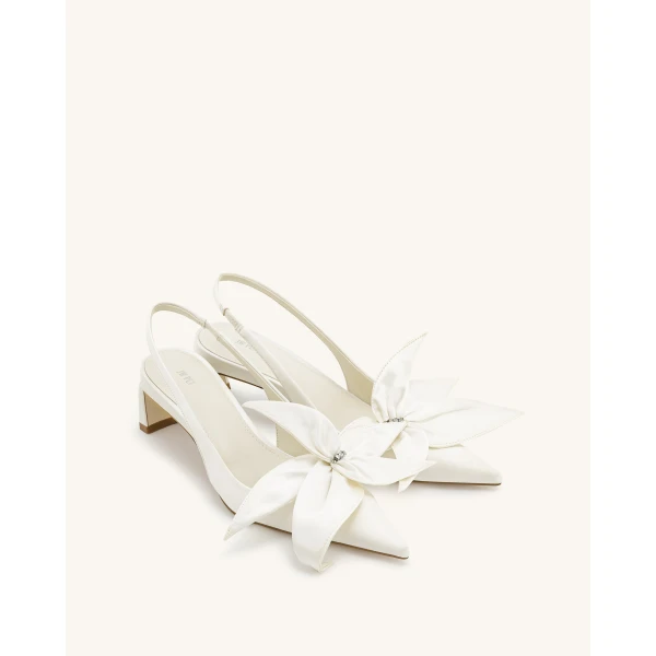JW PEI Queena Floral Appliques Slingback Pumps in Ivory White | Heels | Coveti