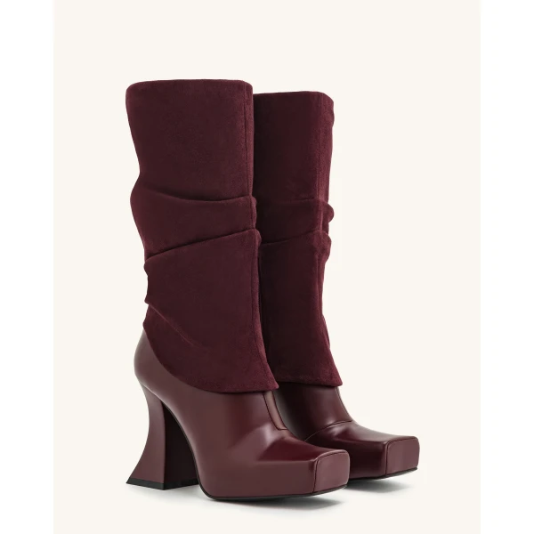 JW PEI Reyna Square Toe Platform Knit Boots in Claret Red | Boots | Coveti