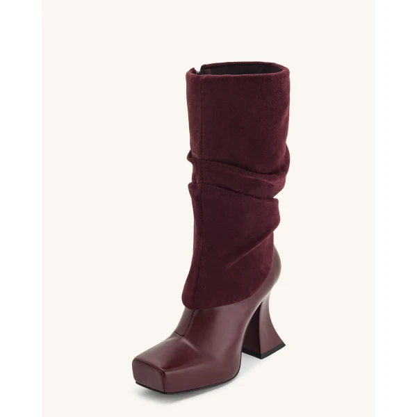 JW PEI Reyna Square Toe Platform Knit Boots in Claret Red | Boots | Coveti
