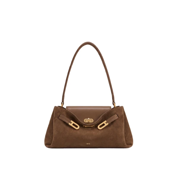 JW PEI Rhea Faux Suede East-West Double Buckle Shoulder Bag in Brown | Shoulder & Crossbody Bags | Coveti