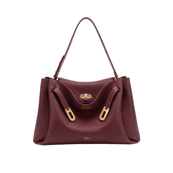 JW PEI Rhea Large Pebbled Double Buckle Shoulder Bag in Claret | Shoulder & Crossbody Bags | Coveti