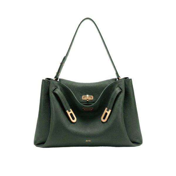 JW PEI Rhea Large Pebbled Double Buckle Shoulder Bag in Greyish Dark Green | Shoulder & Crossbody Bags | Coveti