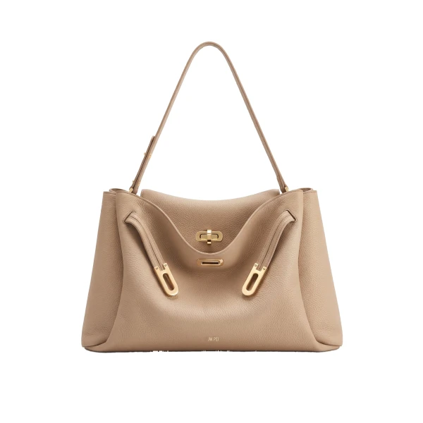 JW PEI Rhea Large Pebbled Double Buckle Shoulder Bag in Light Camel | Shoulder & Crossbody Bags | Coveti