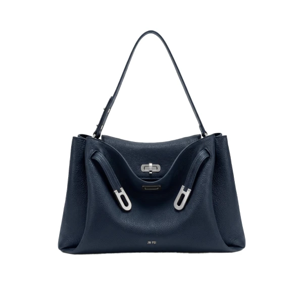 JW PEI Rhea Large Pebbled Double Buckle Shoulder Bag in Navy Blue | Shoulder & Crossbody Bags | Coveti