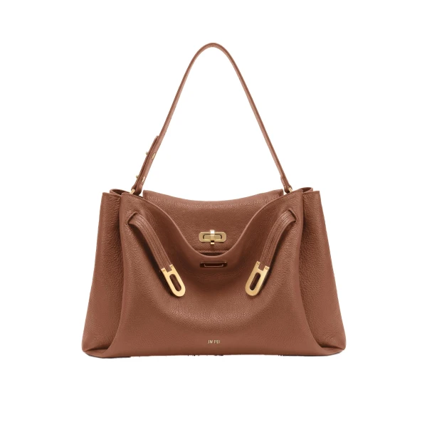 JW PEI Rhea Large Pebbled Double Buckle Shoulder Bag in Reddish Brown | Shoulder & Crossbody Bags | Coveti