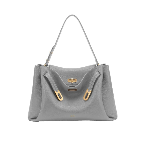 JW PEI Rhea Large Pebbled Double Buckle Shoulder Bag in Smoke Gray | Shoulder & Crossbody Bags | Coveti